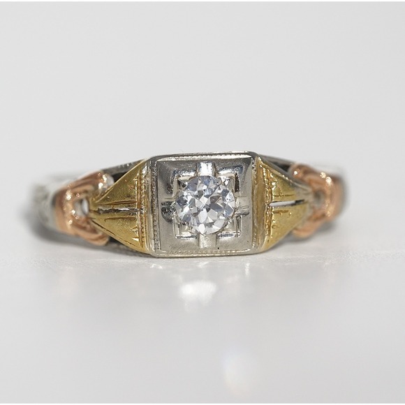 Antique 18k Solid‎ Multi Colored Gold Filigree Engraved Natural Diamond Ring